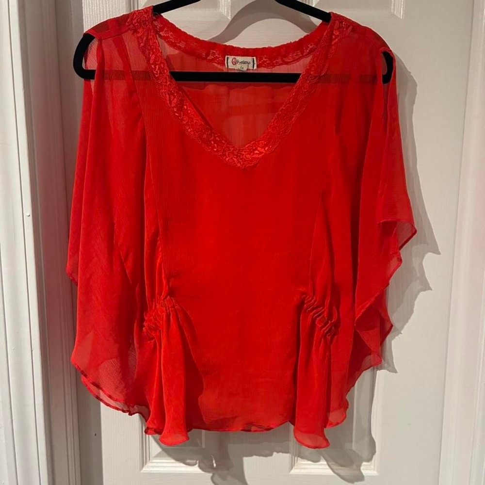 Vintage Olsenboye Red Chiffon Kaftan Poncho Blouse Cold Shoulder Lace V-Neck Top